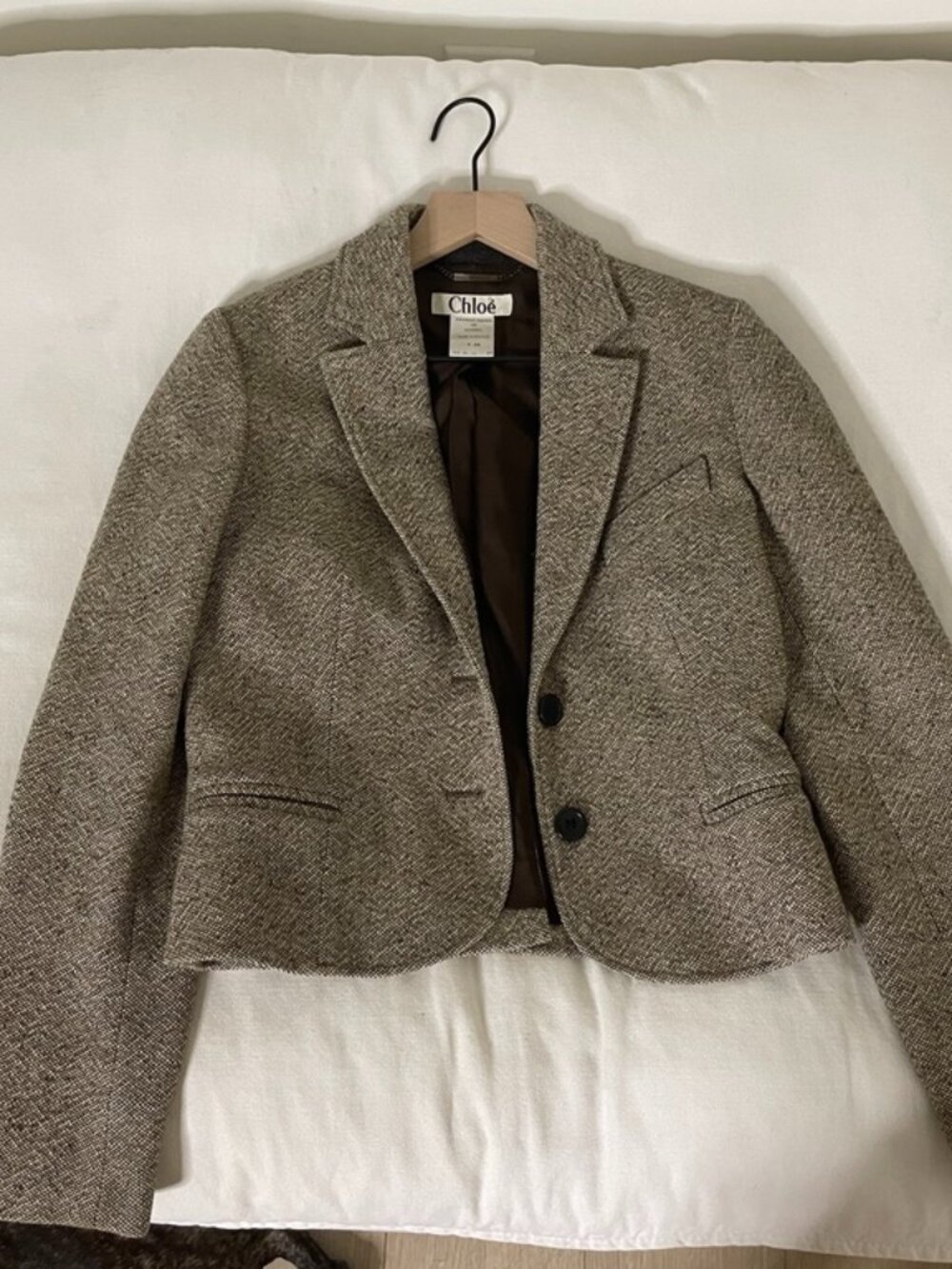 Chloé Gray Herringbone Wool Tweed Cropped Blazer • Made in France • Sz 38 (US S)